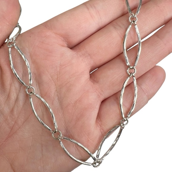 Silver Tone Large Open Oval Link Twisted Etched Necklace - Picture 2 of 10